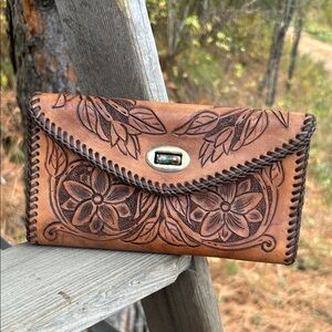 Handcrafted Floral Brown Leather Clutch